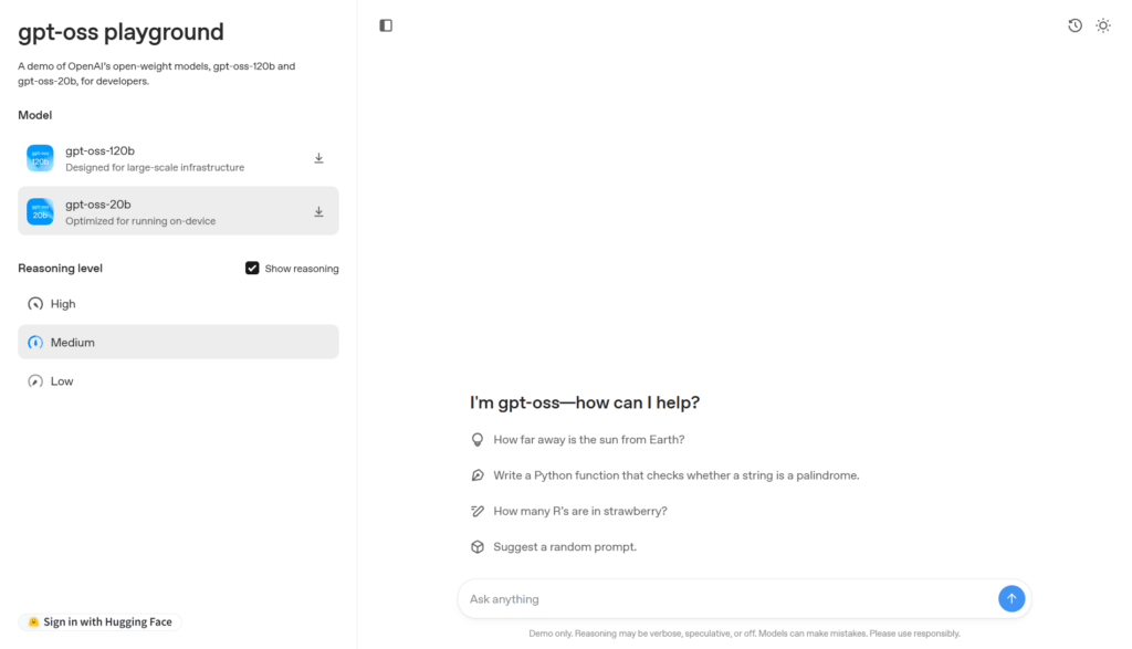 Screenshot Playground gpt-oss